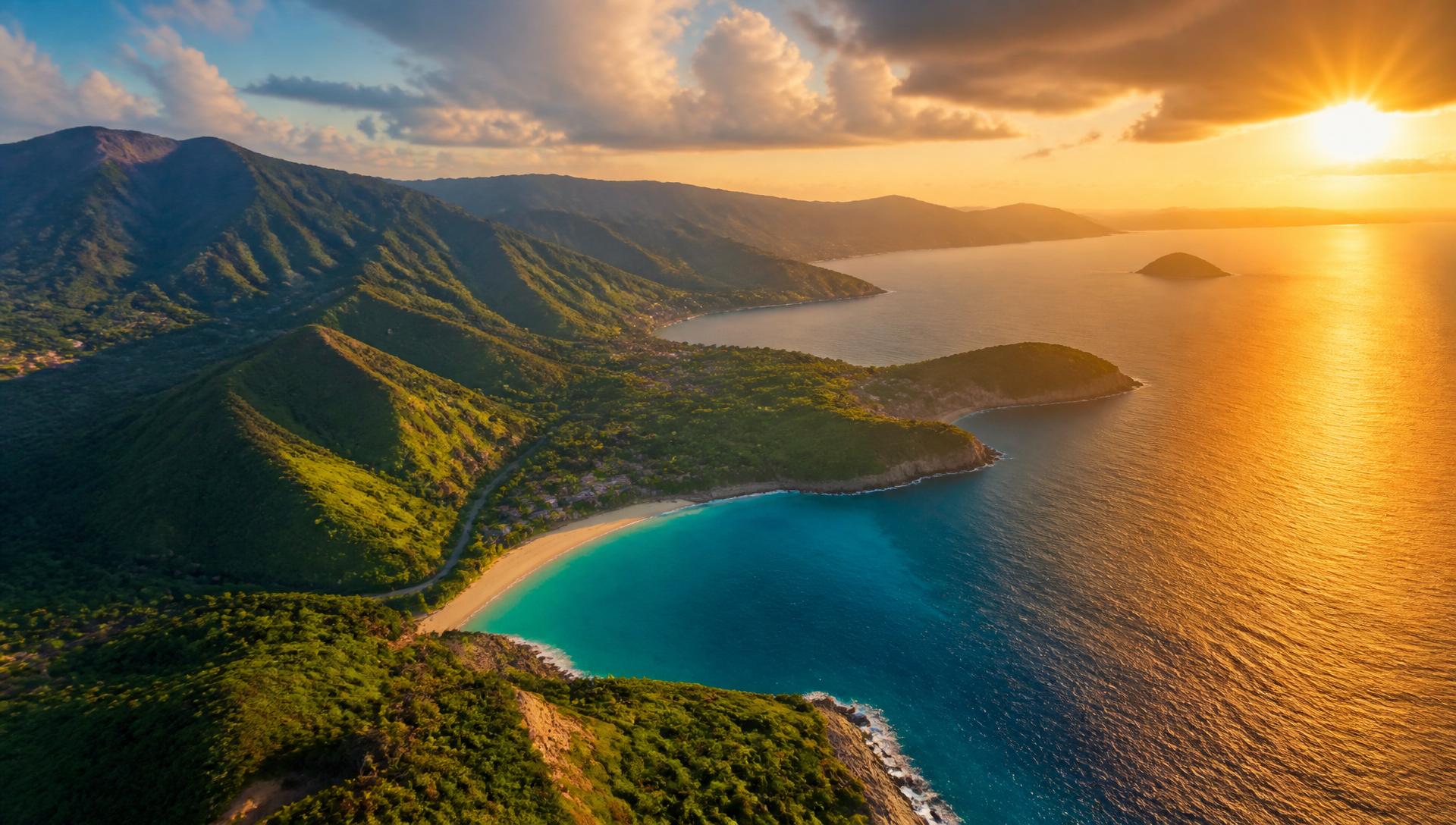 Beautiful Haitian coastline and mountains at golden hour